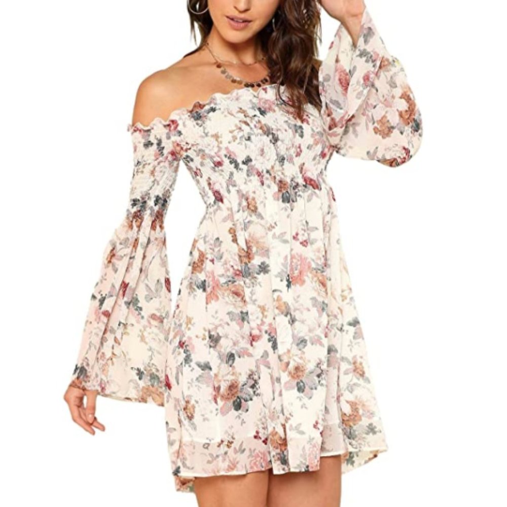 ROMWE Floral Print Off Shoulder Bell Sleeve Dress